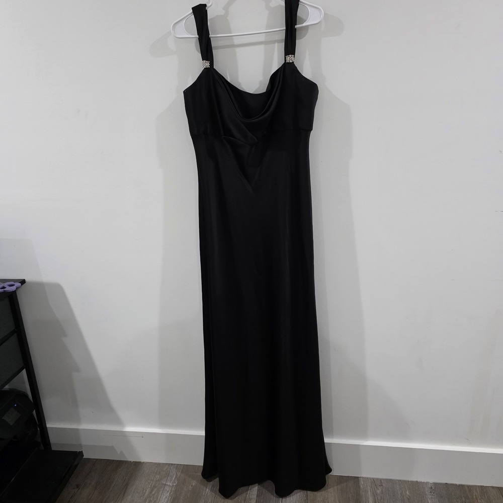 Womens Empire Waist Dress Size 14 Regency Black Glam Rhinestones Satin Gown Prom